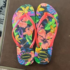 Havaianas Floral Flip Flops - Neon Coral Straps on Navy Base